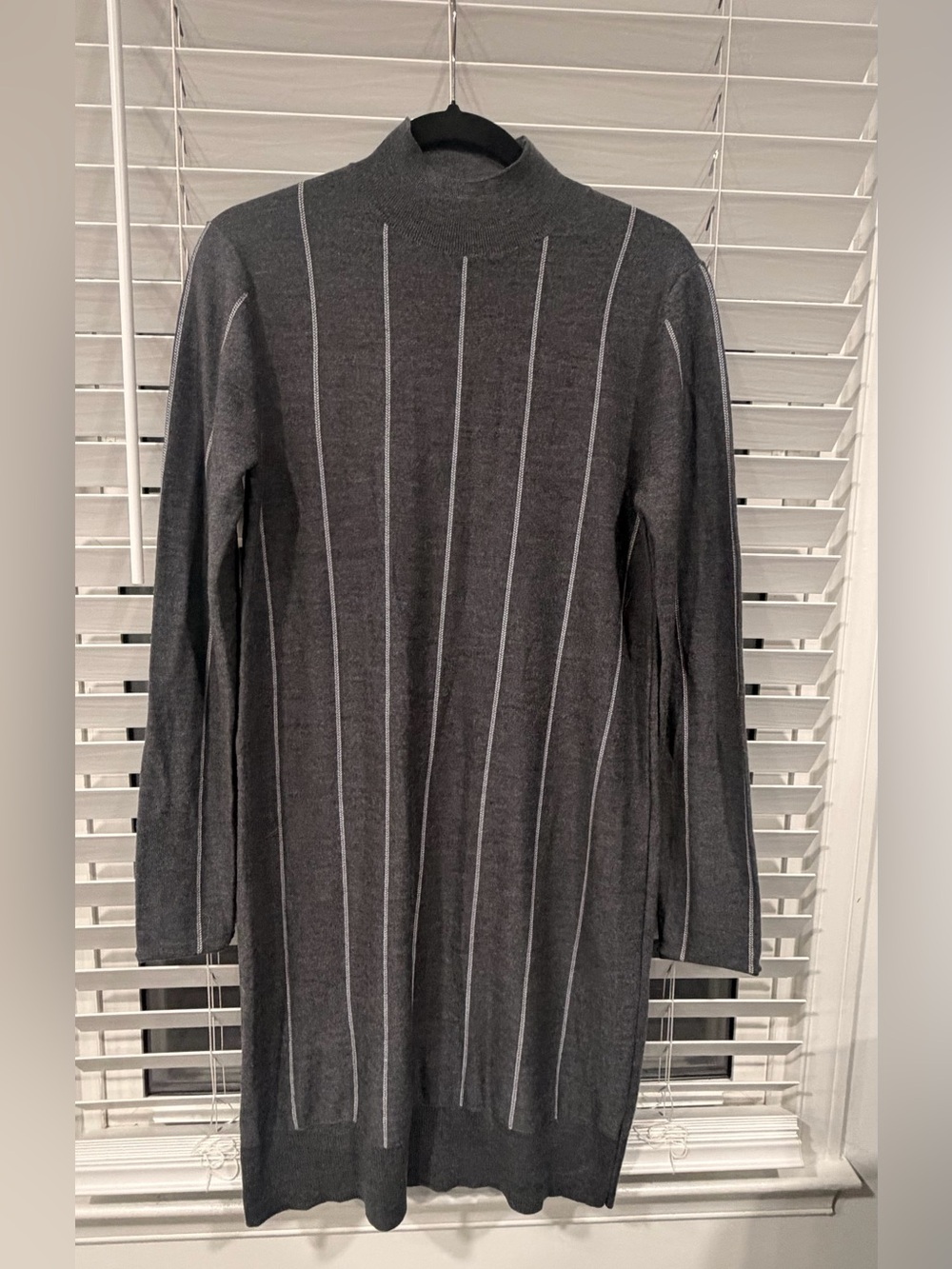 MM Lafleur Gray Rib-Striped Mock Neck Sweater Dress
